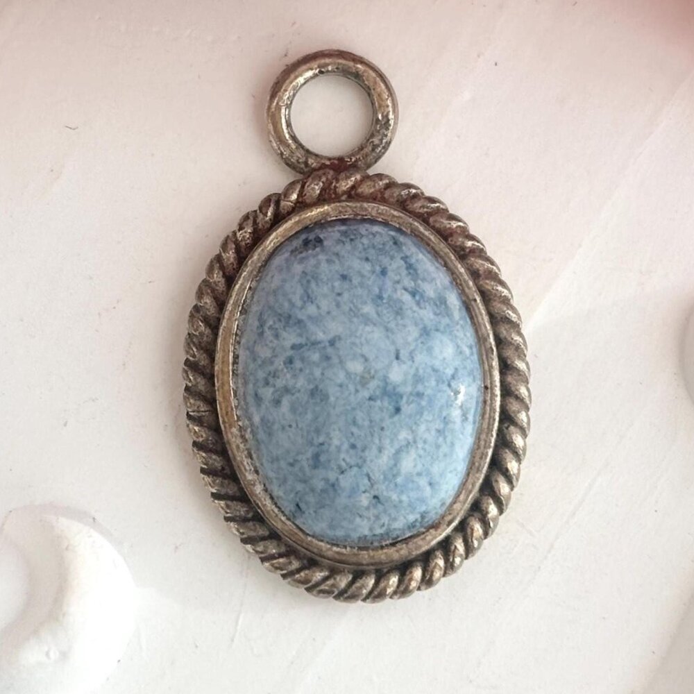 Larimar Gemstone Rope Framed 925 Sterling Silver SW Vintage Pendant | Charm